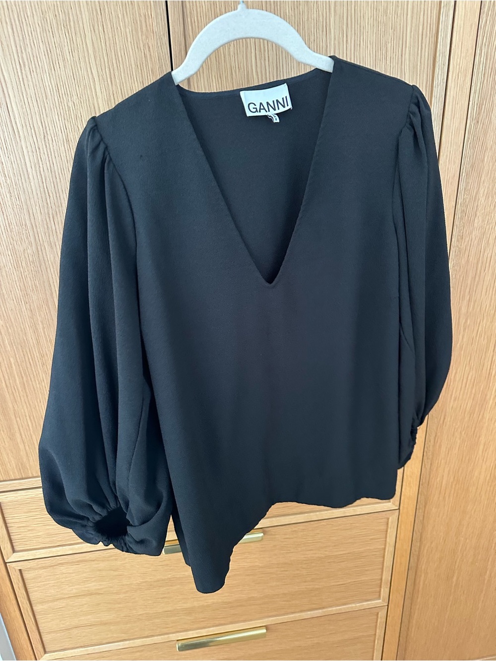 Ganni Black V-Neck Balloon-Sleeve Blouse, Size 36